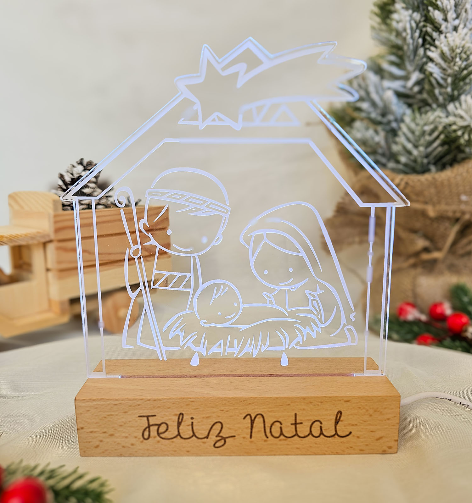 Candeeiro LED de Presépio Iluminado - PIPÁPÁ - Amor em Madeira Candeeiro LED de Presépio Iluminado