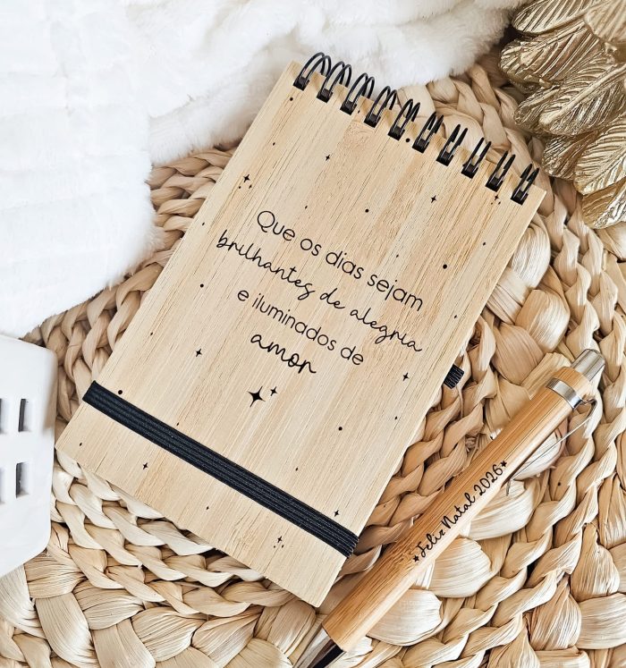 Bloco de Notas com Caneta em Bambu com Mensagem