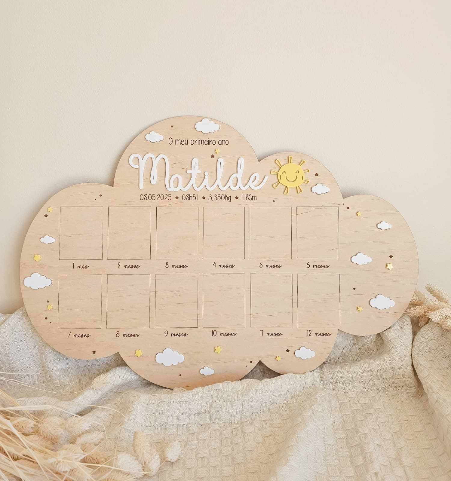 Quadro 1.º Ano com Formato Nuvem - PIPÁPÁ - Amor em Madeira Quadro 1.º Ano com Formato Nuvem