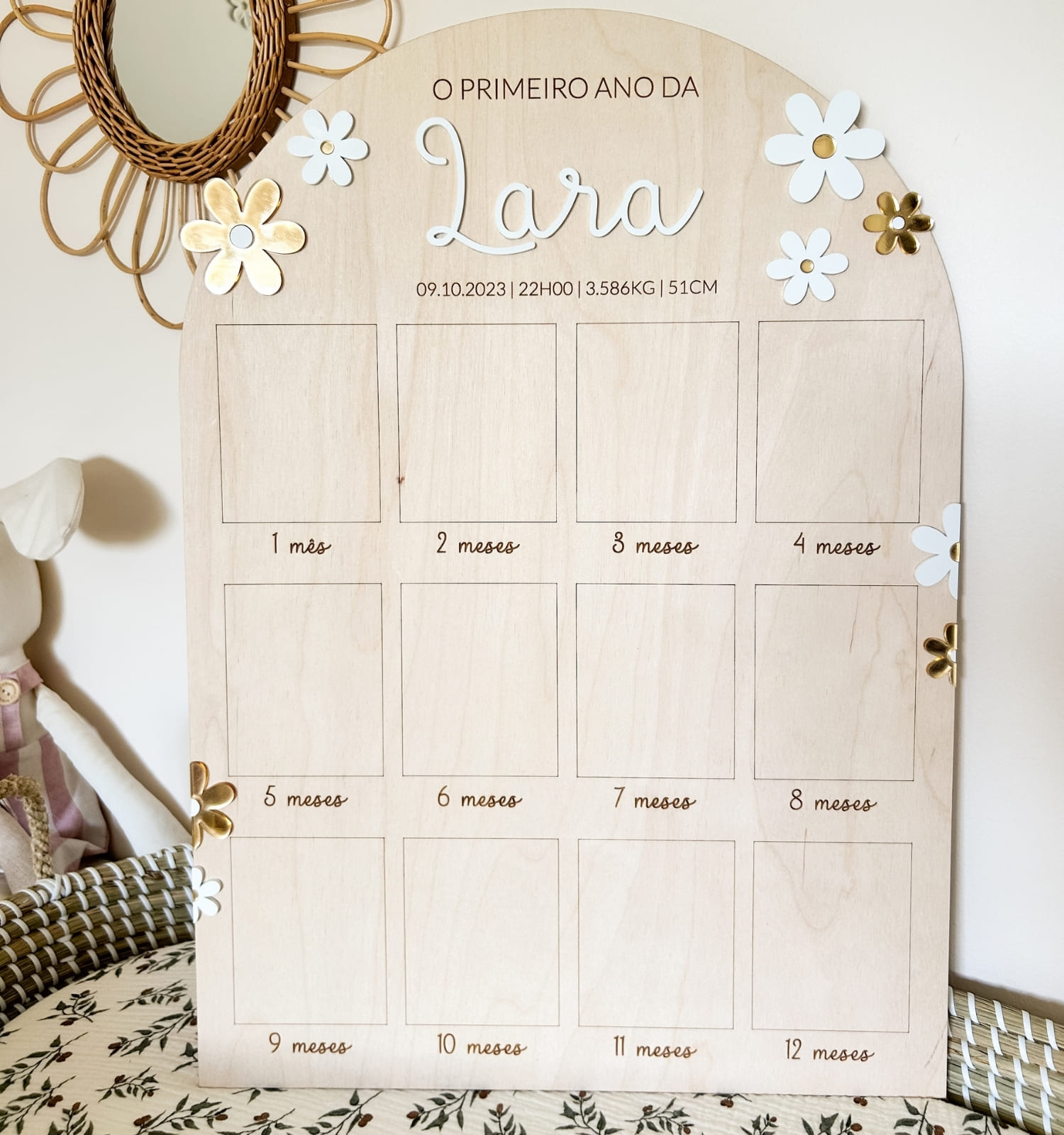 moldura-1-ano-bebe - PIPÁPÁ - Amor em Madeira Moldura 1.º Ano – Tema Flores Brancas e Douradas