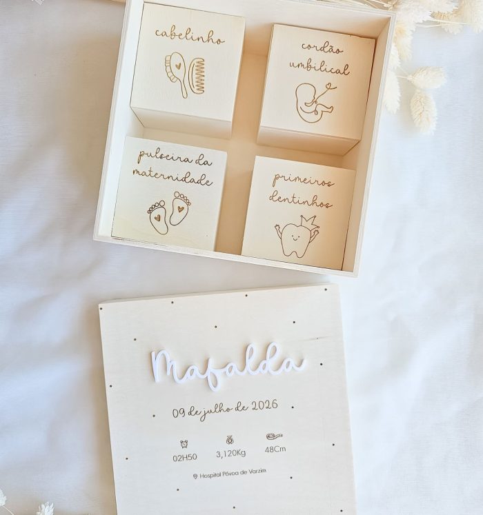 Conjunto de quatro blocos de madeira com textos em português sobre marcos do bebê, dentro de uma caixa branca clara.